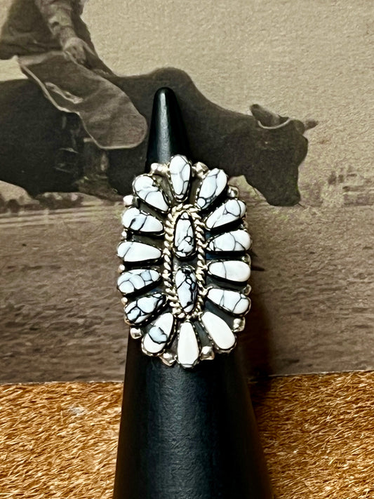 Native American Navajo Made White Buffalo Turquoise Cluster Ring size 6.5