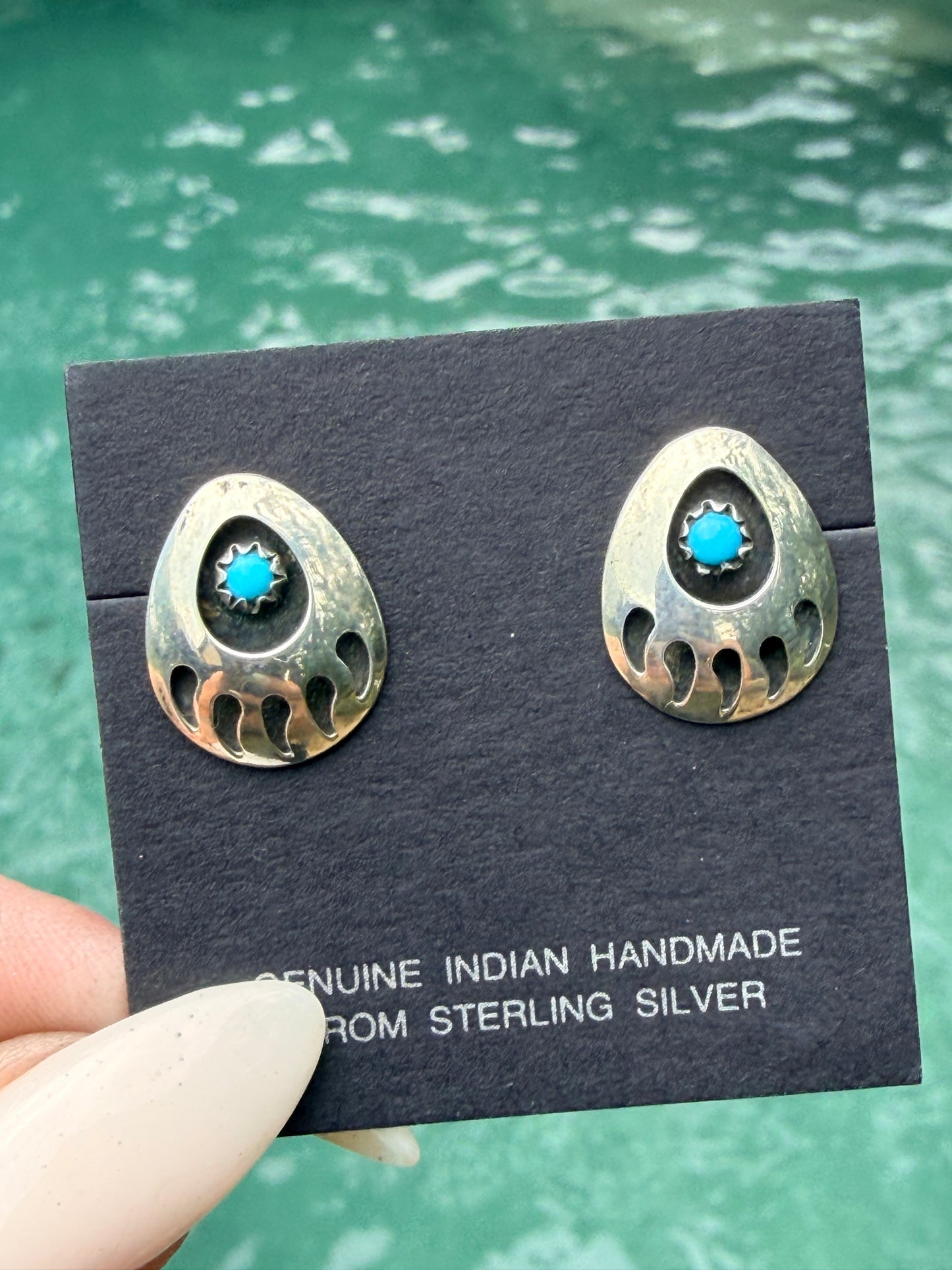 Navajo Paw Earrings 925 Silver Turquoise Native American Artist C from 80's
