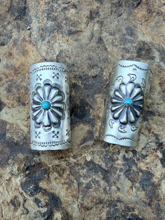 Concho and Turquoise Hand Stamped Braid Keepers 2”