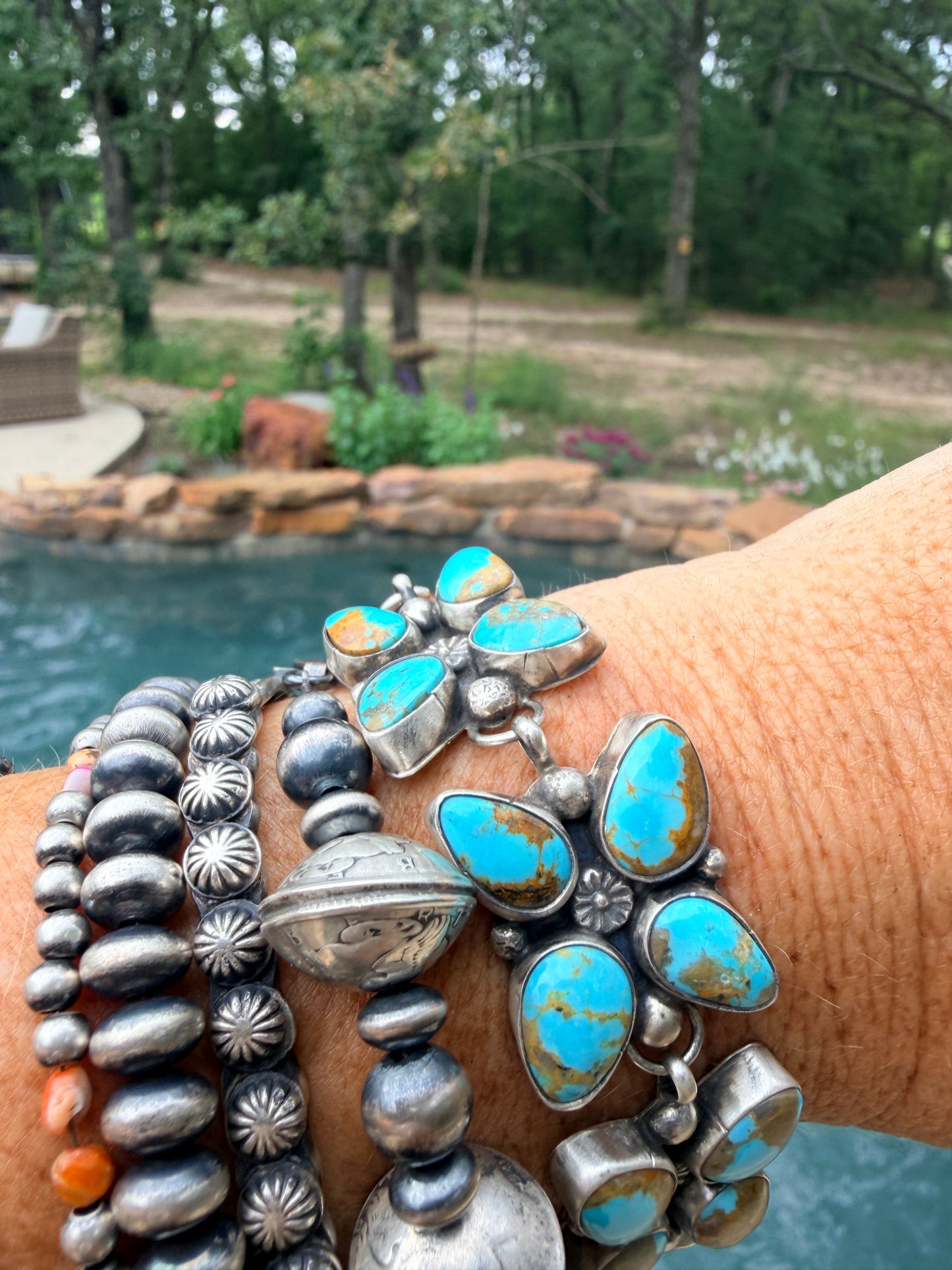 Native Made 20 stones, 5 clusters with Sterling Silver Beading and Starbust Bracelet