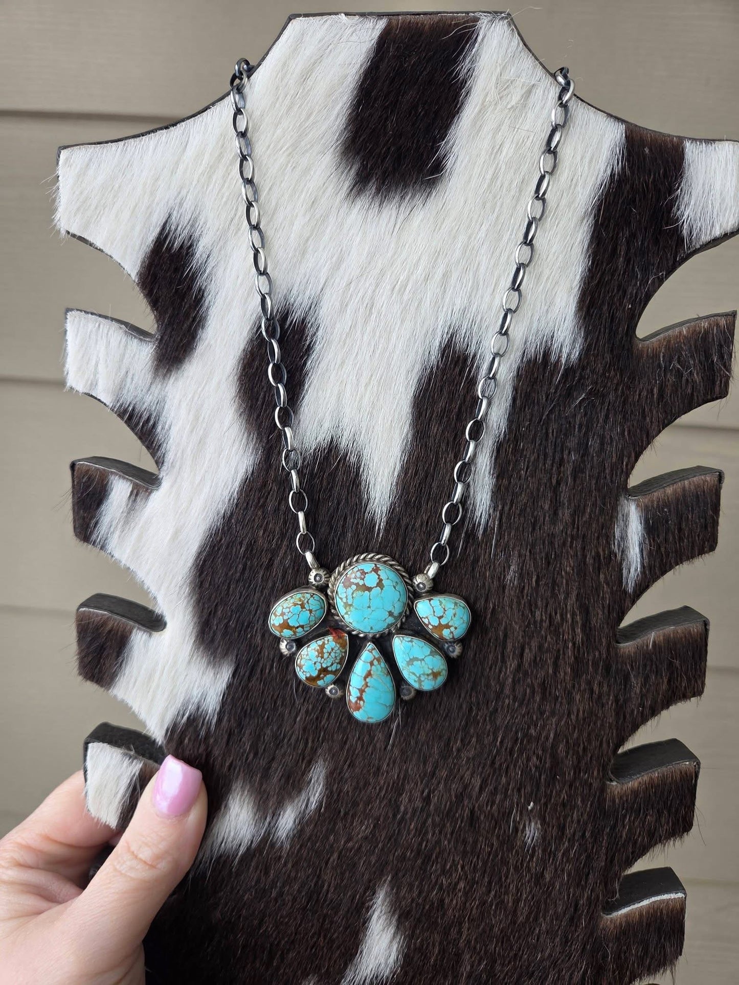 *AUTHENTIC* Navajo Sterling Silver & Mine Number 8 Turquoise Cluster Necklace by Augustine Largo