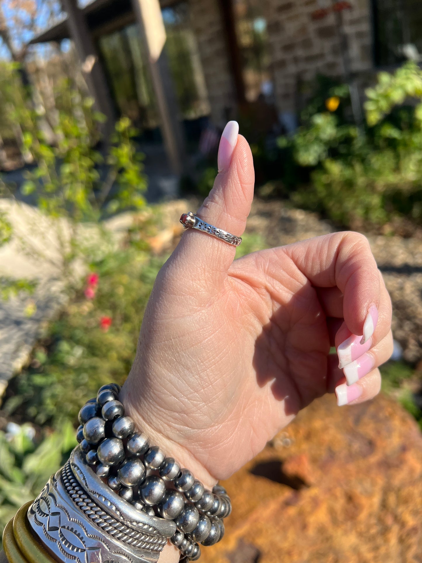 Zuni Snake Eye Coral Cluster Ring Size 7.5 Sterling Silver