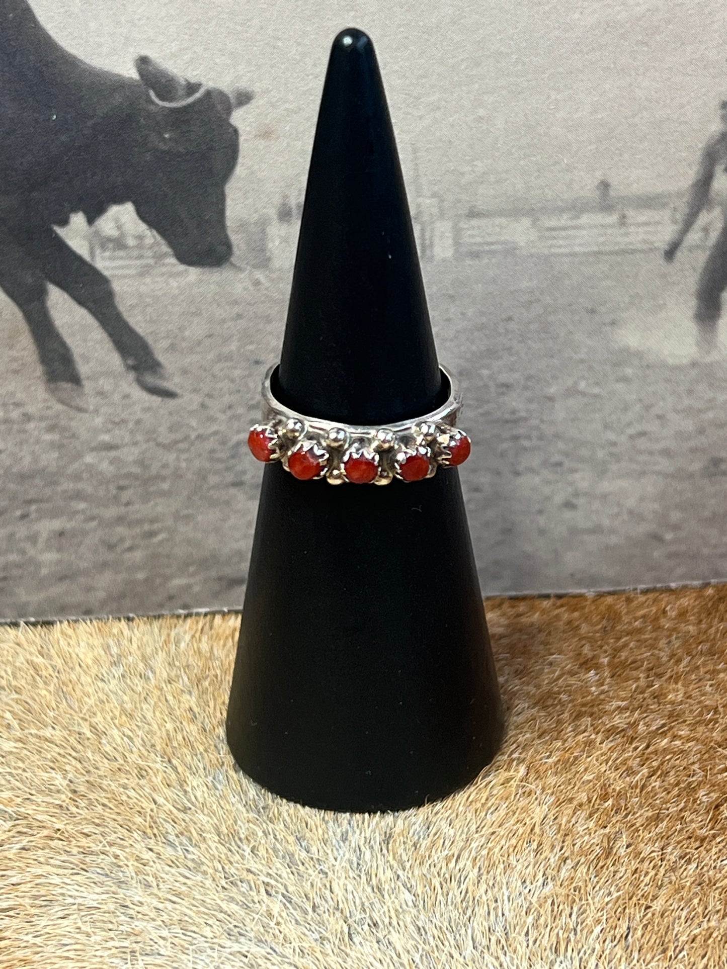 Zuni Snake Eye Coral Cluster Ring Size 7.5 Sterling Silver