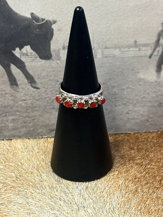 Zuni Snake Eye Coral Cluster Ring Size 7.5 Sterling Silver