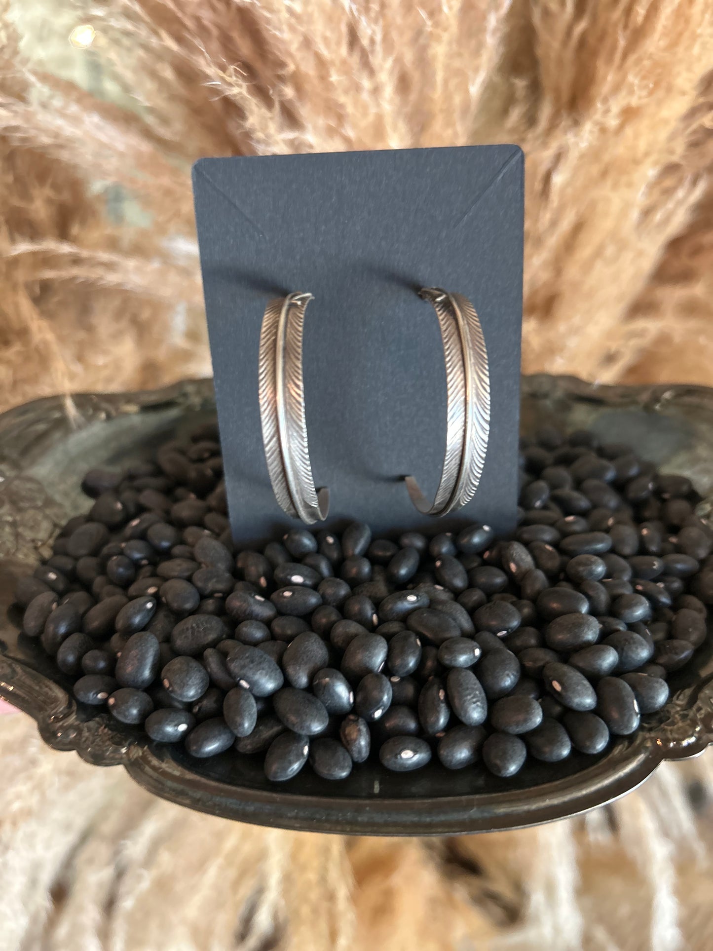 Chris Charley Native American Sterling Silver Feather Semi Hoop Earrings