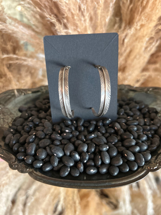Chris Charley Native American Sterling Silver Feather Semi Hoop Earrings
