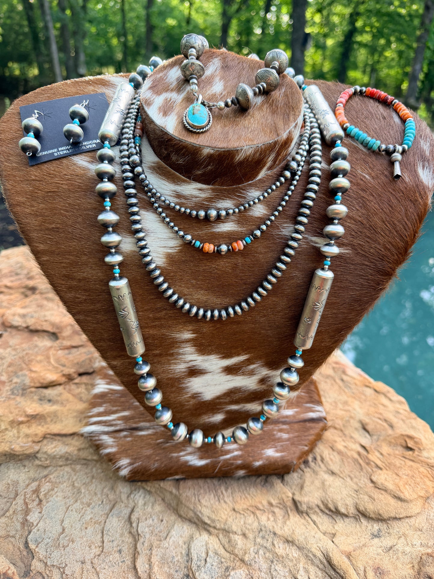 32" Navajo Pearl Necklace w Square Beads + Stamped Barrels by Sharon Cooley