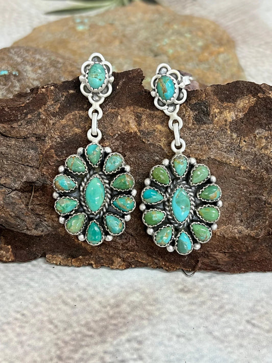 HANDMADE STERLING SILVER KINGMAN TURQUOISE POST DANGLE EARRINGS