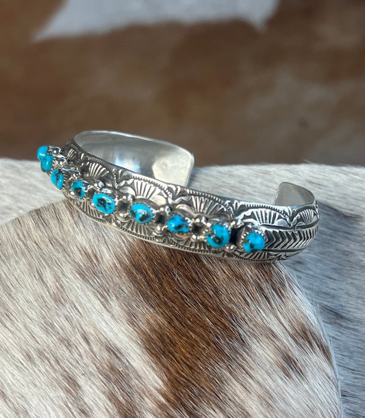 9 Stone Turquoise Hand Stamped Cuff