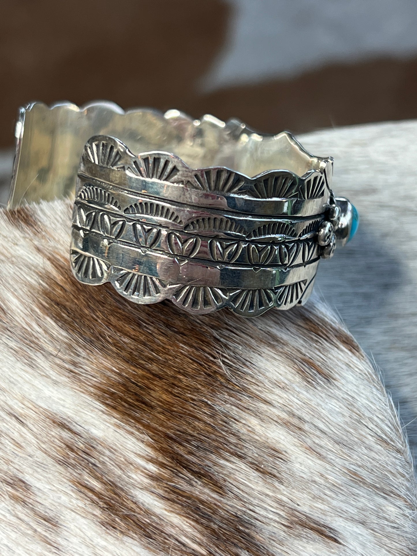 Turquoise with Hearts, Scared Sunrise and detailed stamping cuff by Yazzie