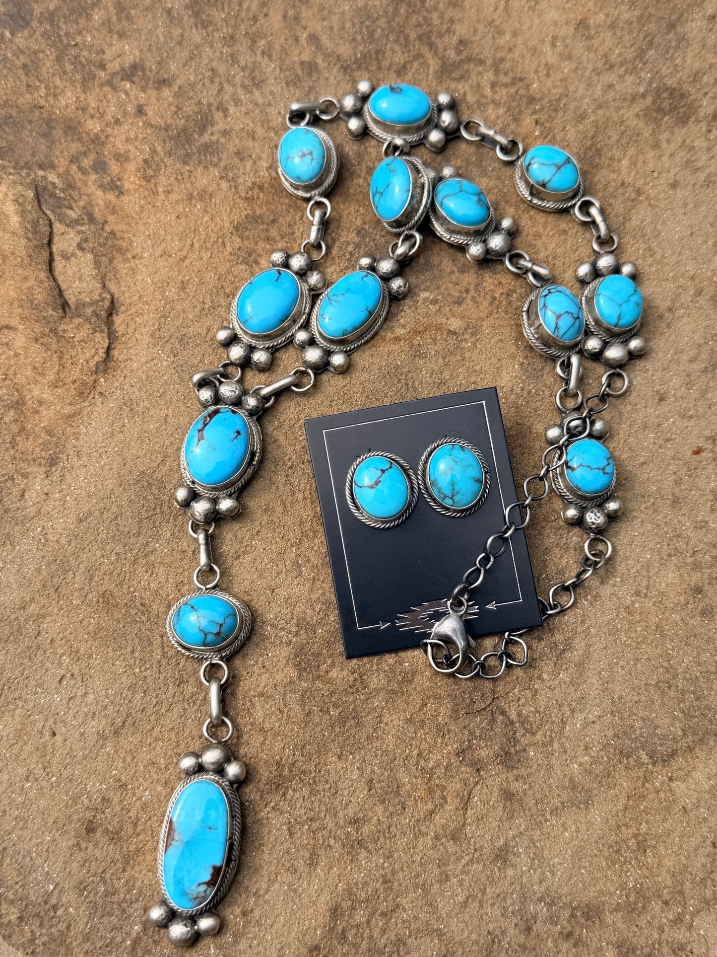 Native Made Egyptian Prince Turquoise & Sterling Silver Lariat Necklace & Earring Set