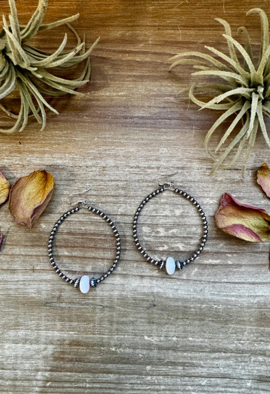 Sterling Silver Pearls Hoops with Pink Conch