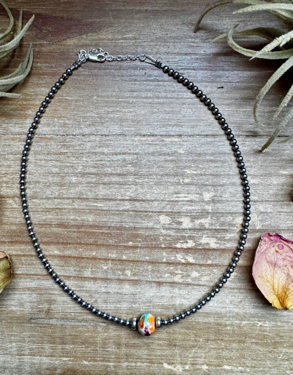 14-Inch Sterling Silver Pearl & Mojave Bead Choker