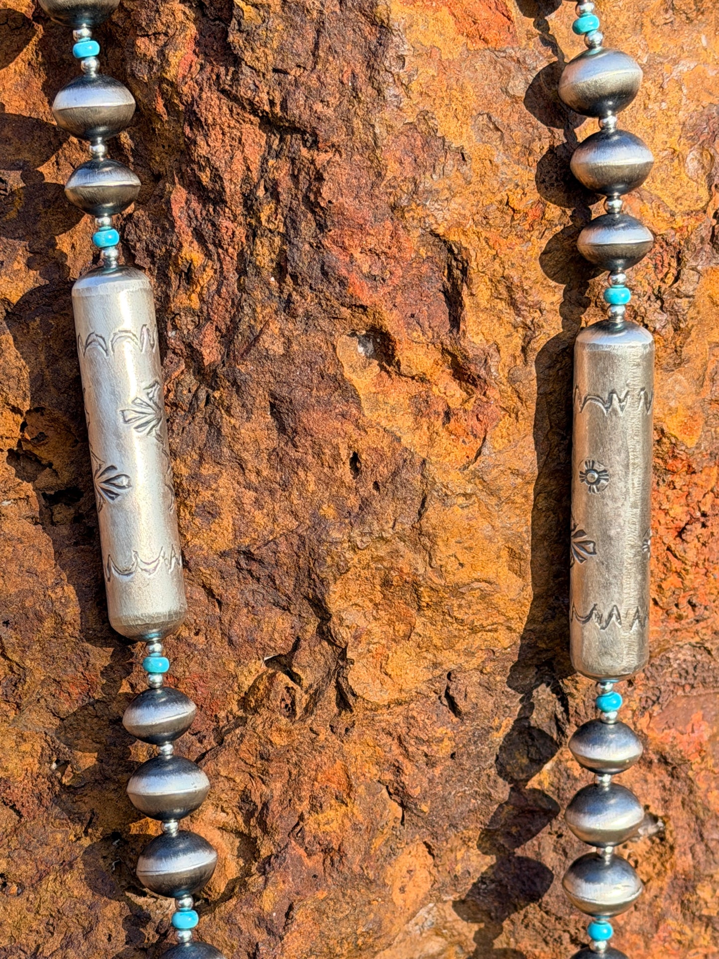 32" Navajo Pearl Necklace w Square Beads + Stamped Barrels