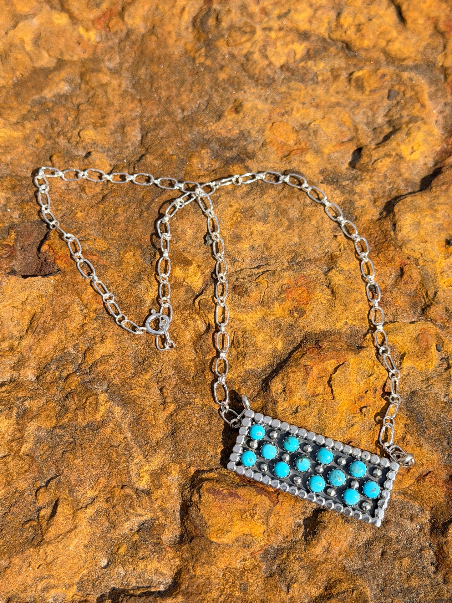 Authentic Turquoise Bar Necklace Pendant by Kenny Lonjose - 18 inch