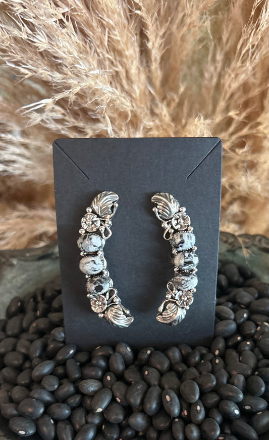 Authentic Silver White Buffalo Ear Crawlers with Flower and Leaf Detail by Gwendolyn Burnside stamped Running Bear