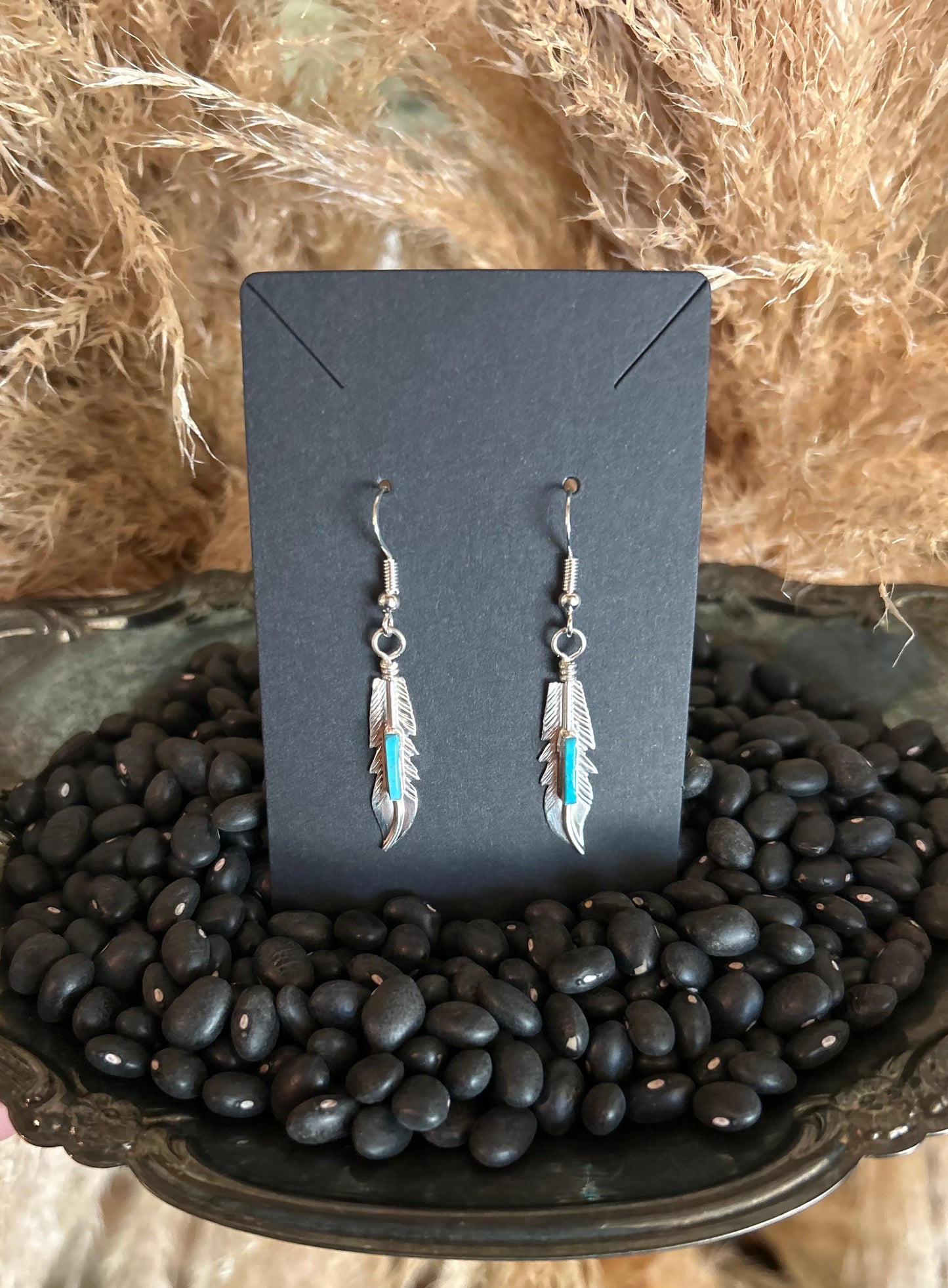 Navajo Handmade Sterling Silver and Kingman Turquoise Feather Earrings by Allen Barney