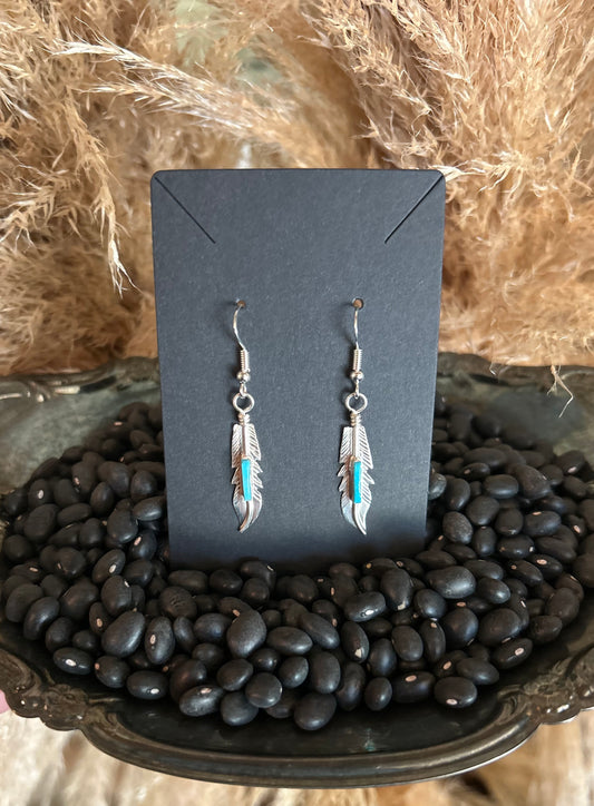 Navajo Handmade Sterling Silver and Kingman Turquoise Feather Earrings by Allen Barney