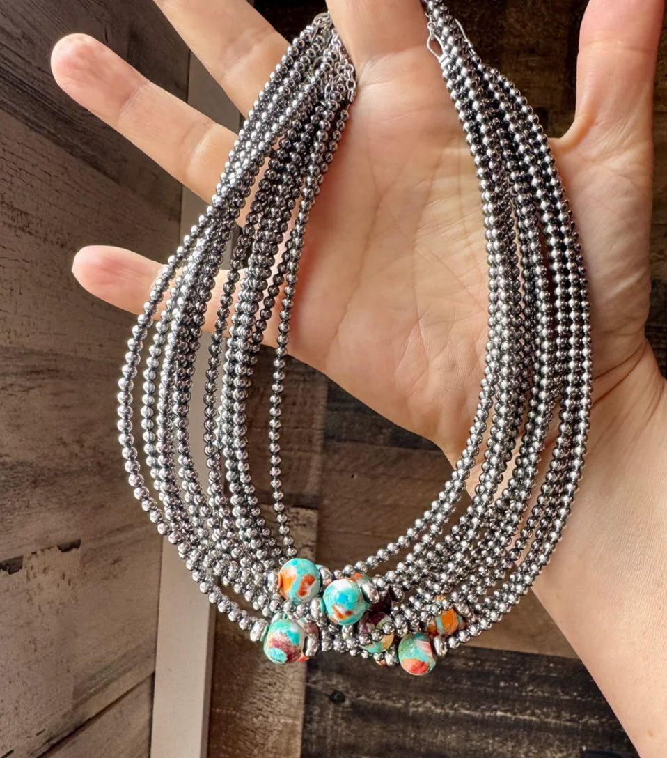 14-Inch Sterling Silver Pearl & Mojave Bead Choker