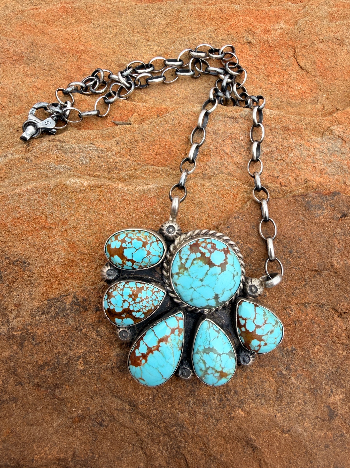 *AUTHENTIC* Navajo Sterling Silver & Mine Number 8 Turquoise Cluster Necklace by Augustine Largo