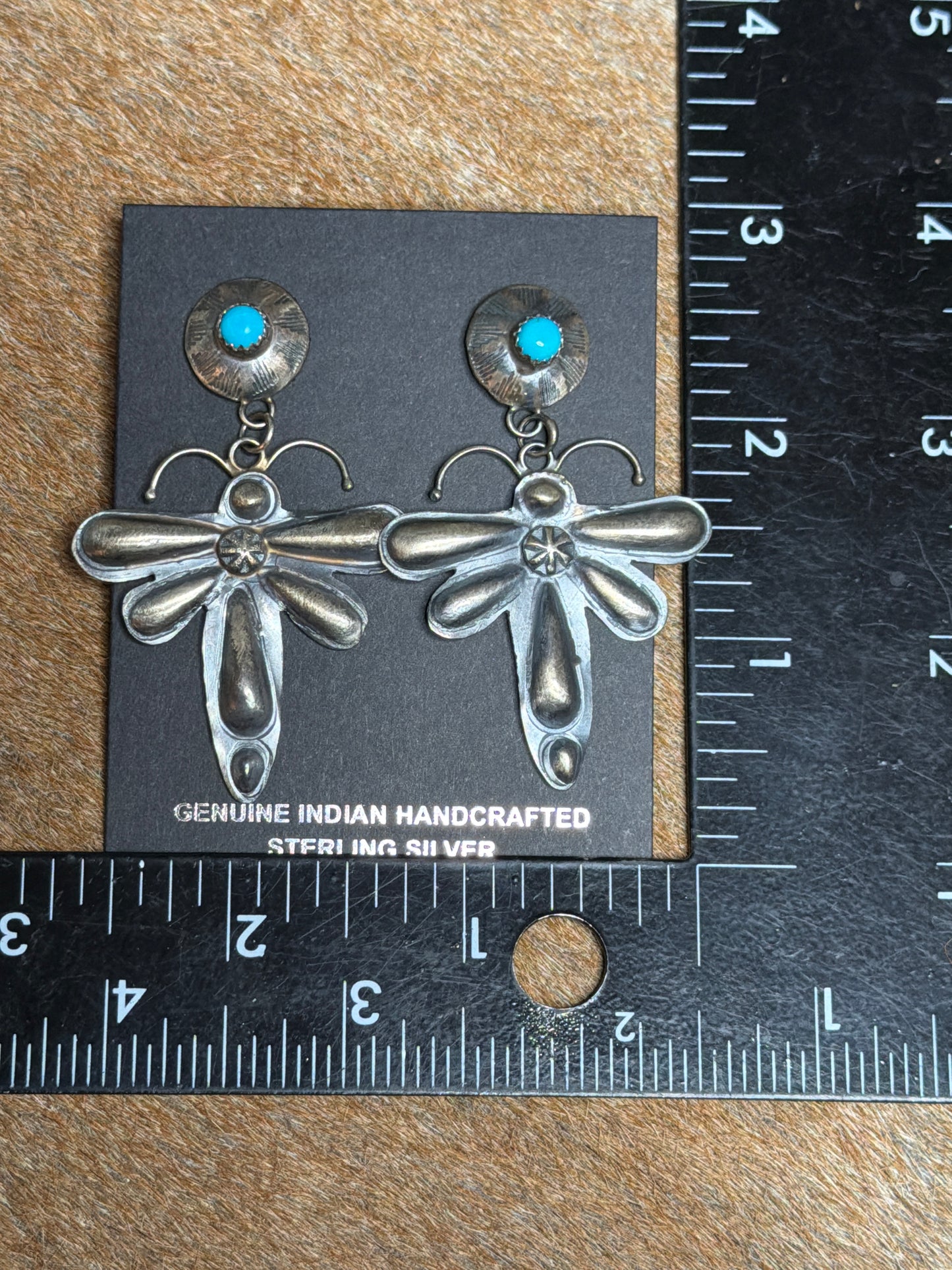 Native Made Kingman Turquoise and Sterling Silver Dragonfly Dangle Earrings by Yazzie