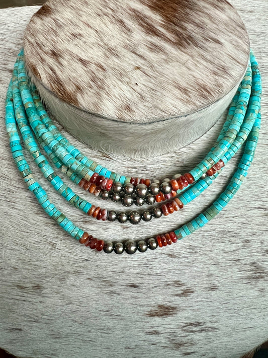 Vibrant necklace- Sterling Silver Pearls and Spiny Oyster on Turquoise Veracite