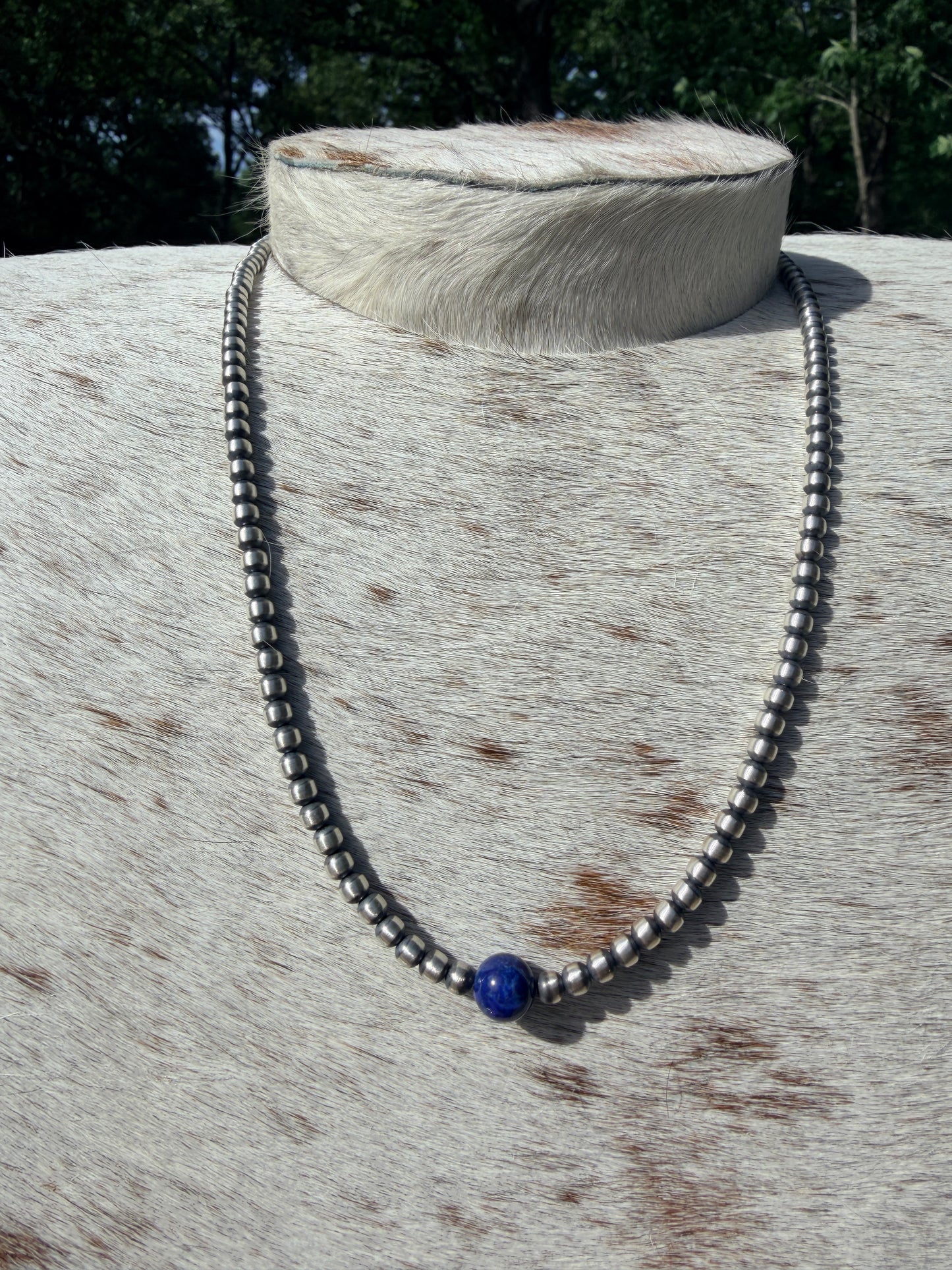 Native Made Lapis and Sterling Silver 4mm Pearl Necklace 20”
