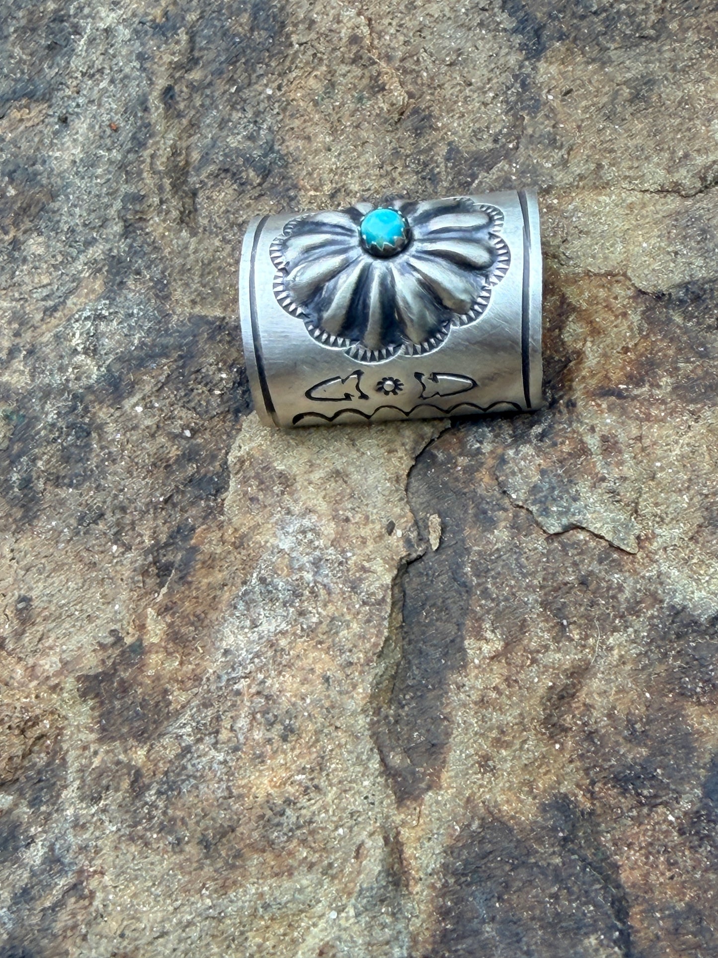 Concho and Turquoise Hand Stamped Braid Keepers 1”