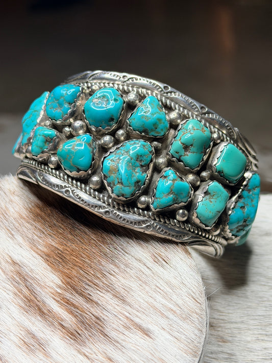 Native American Sterling Silver and Rough Turquoise Nugget Cuff Bracelet