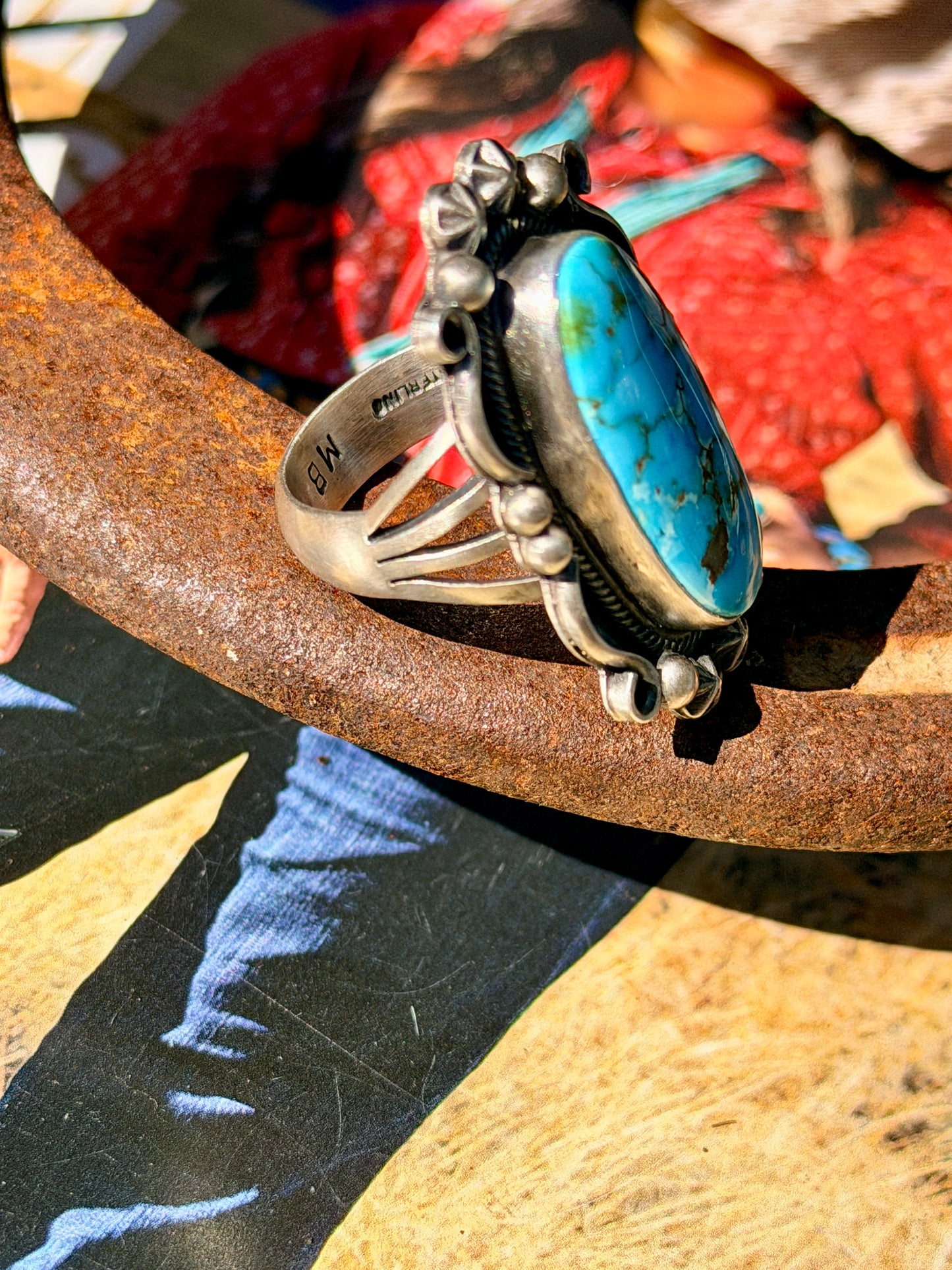 Navajo Made Kingman Turquoise & Sterling Silver Ring Size 7.75
