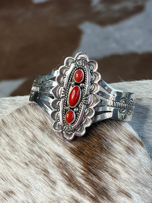 Silver & Coral Navajo Handstamped Bracelet by Eula Wylie