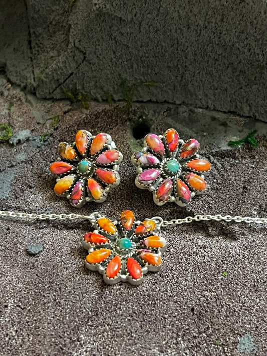 HANDMADE STERLING SILVER ORANGE DREAM CLUSTER NECKLACE & EARRING SET