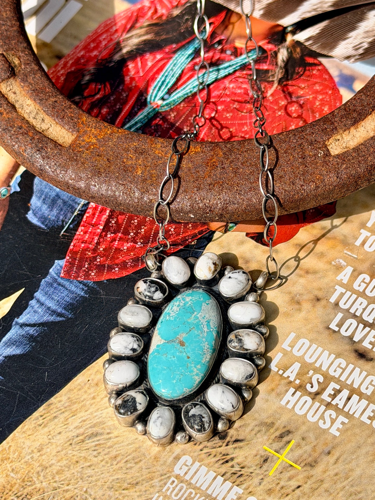 Native Made White Buffalo and Turquoise Cluster Necklace by Sheila Becenti