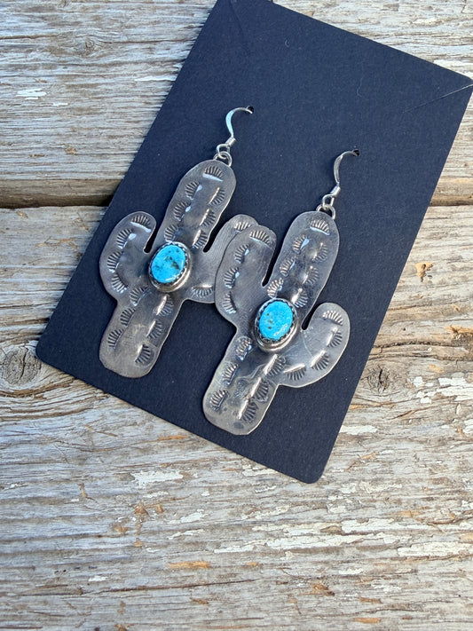 Navajo Sterling Silver Turquoise Cactus Dangling Earring's By Aaron Davis.