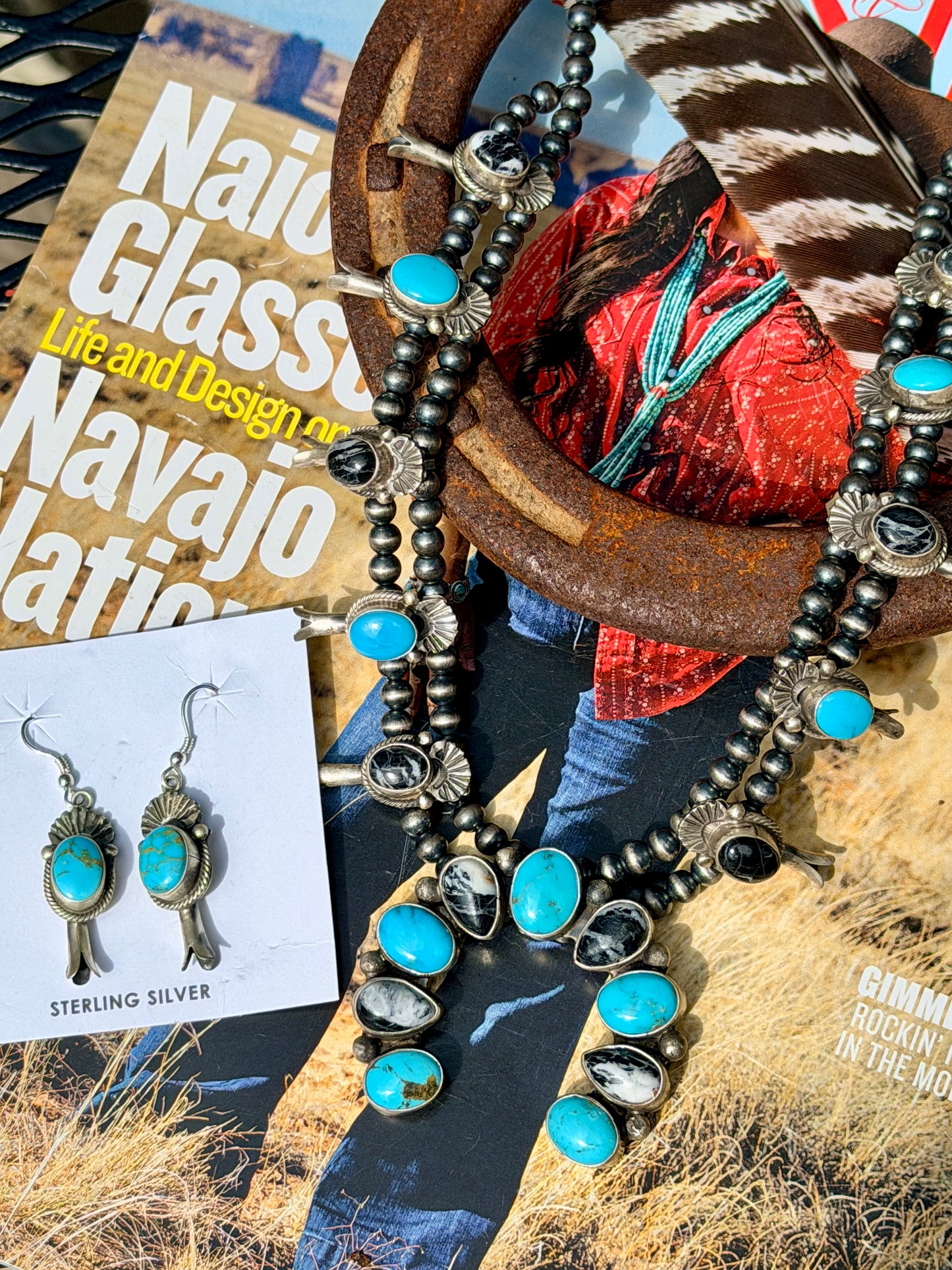 Native Made White Buffalo and Turquoise Squash Blossom Necklace and Earring Set