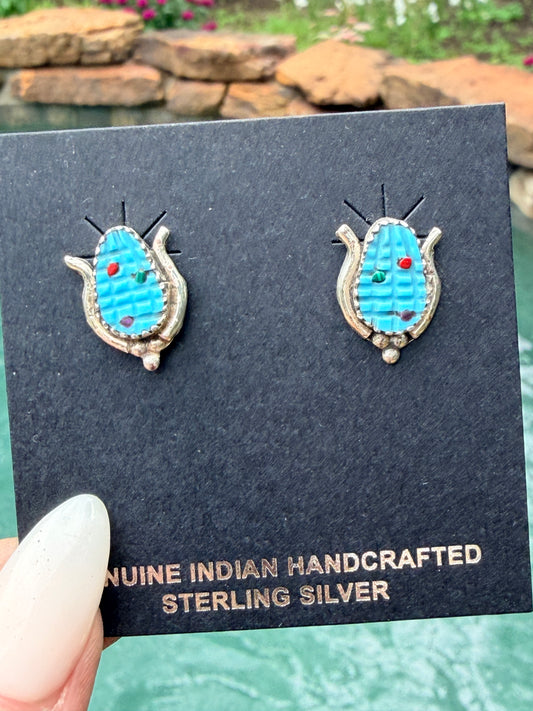 Native Made Sterling Silver Multi-Color Corn Post Earring's By Tracy Bowekaly.