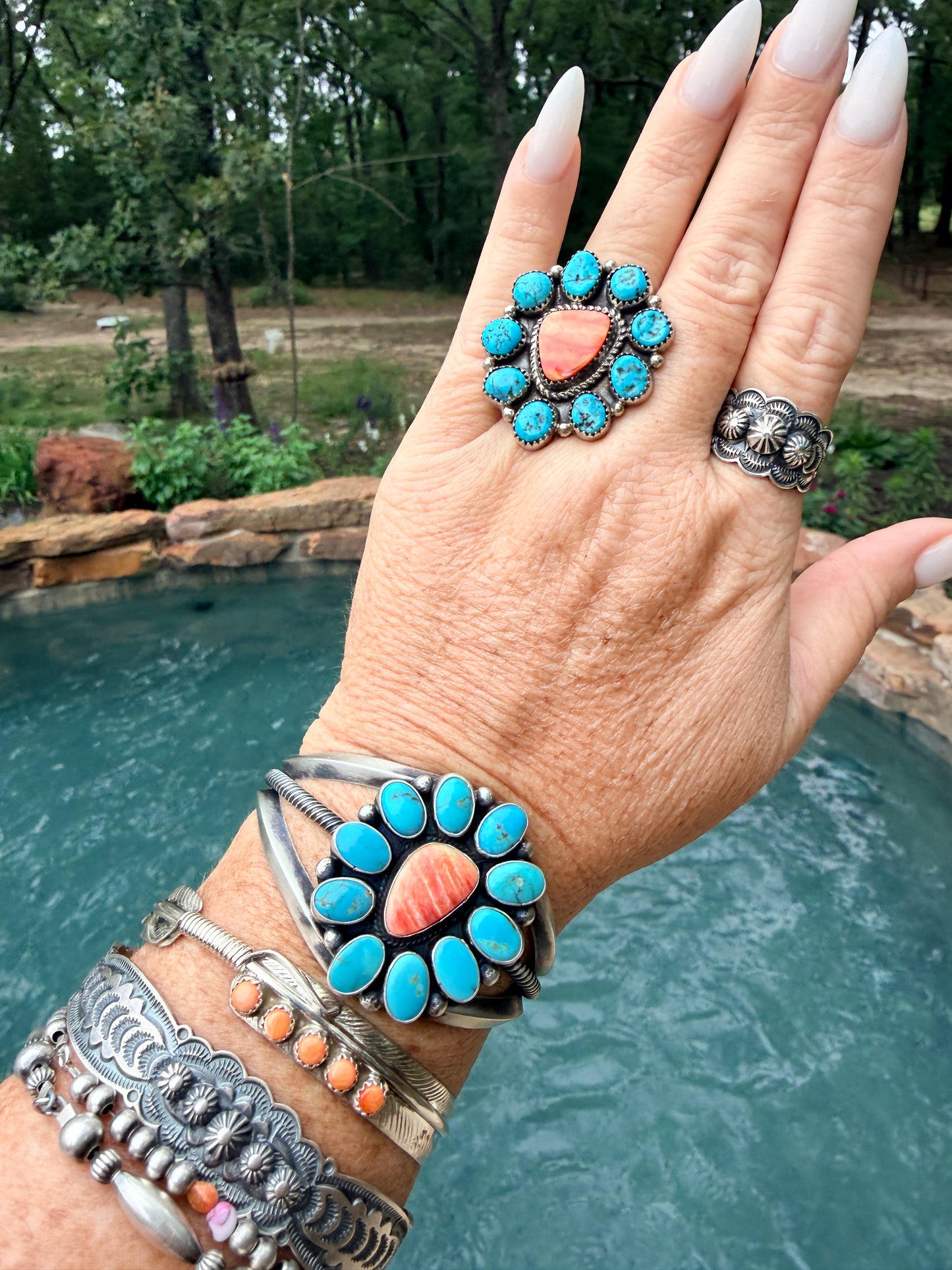 Navajo Cluster Orange Spiny Oyster Kingman Turquoise Sterling Silver