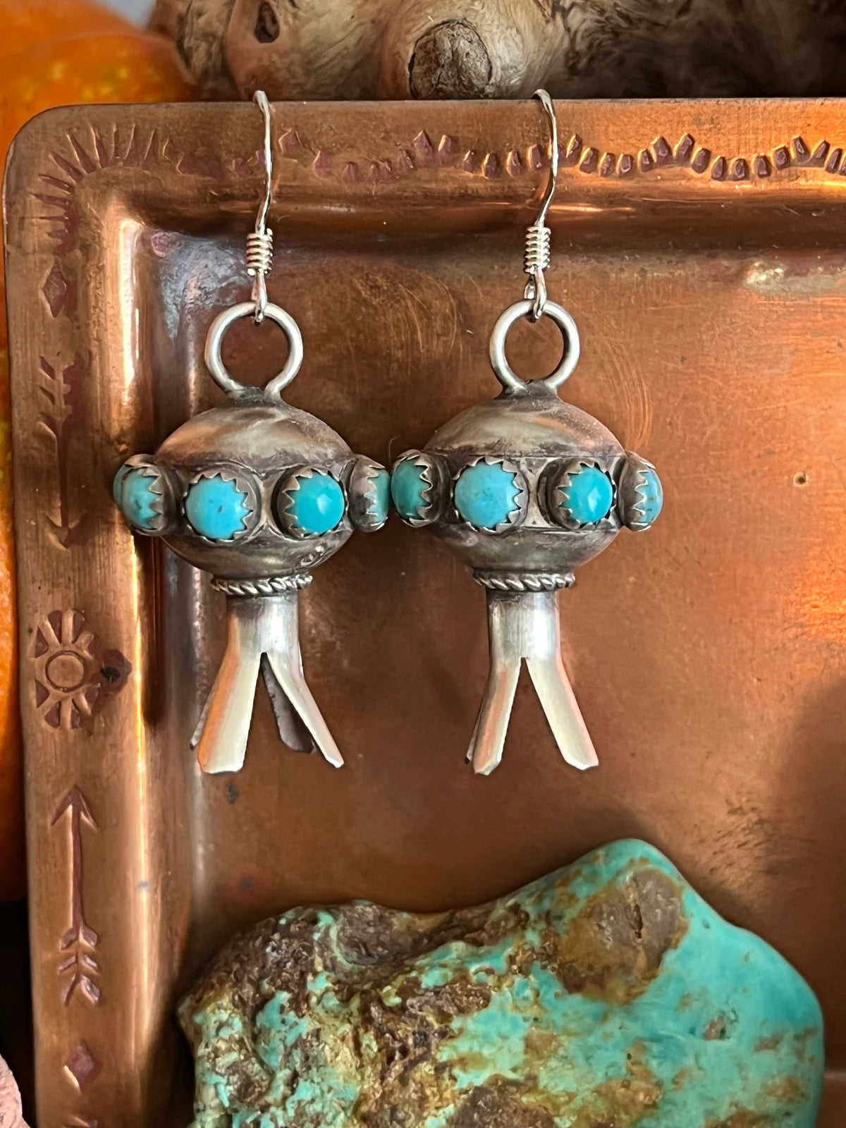 Authentic Sterling Silver Squash Blossom Earrings With Stone Accents - by Monica Smith
