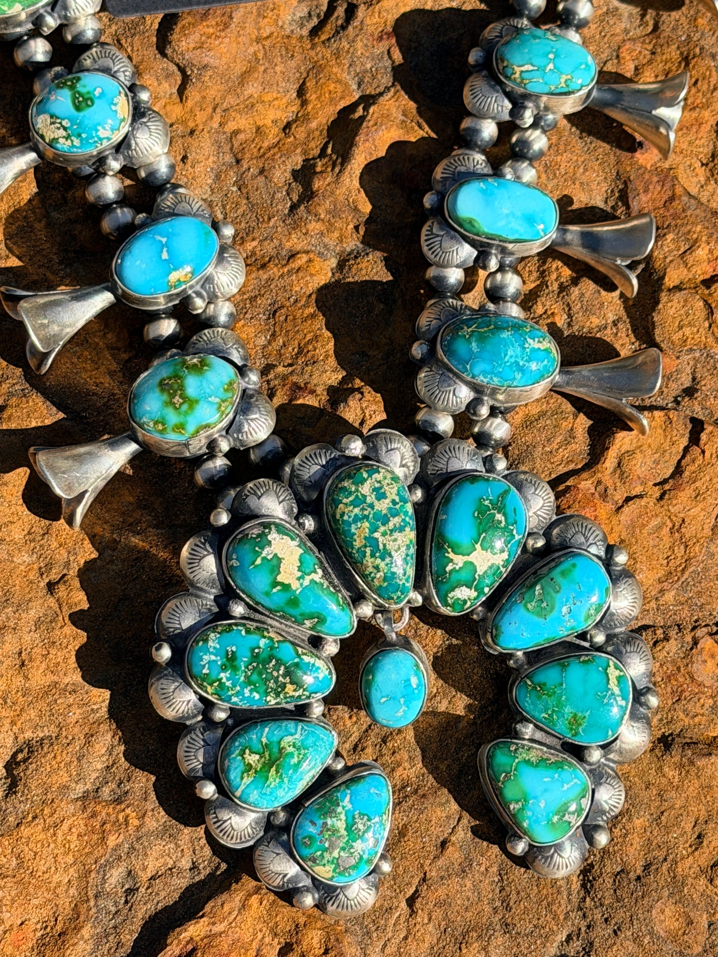 Authentic Native America Navajo Sterling Silver Sonora Gold Turquoise Squash Blossom Necklace & Earring's By Kee J