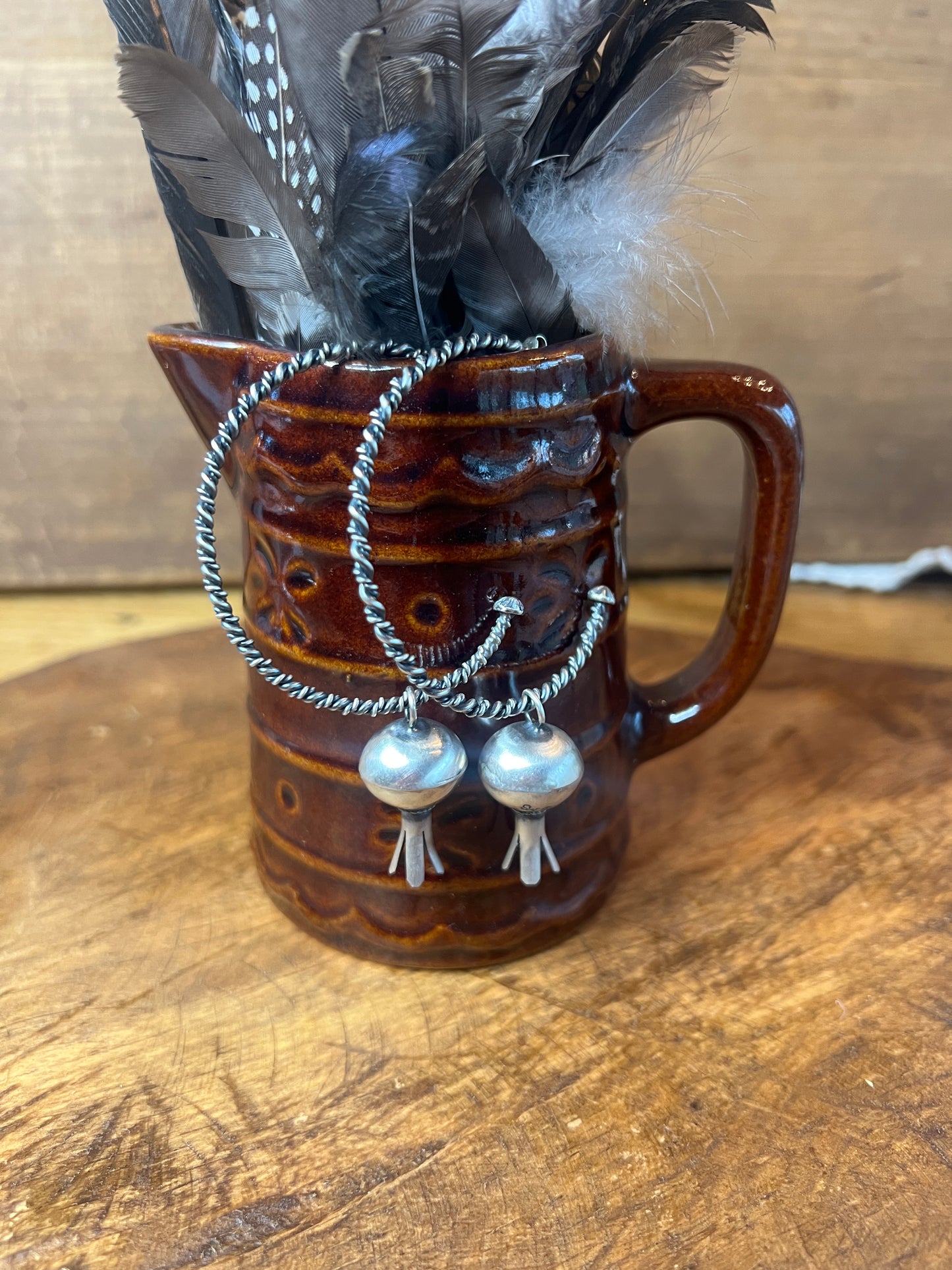 Navajo Squash Blossom Twisted Hoop Earrings Handmade by Monica Smith