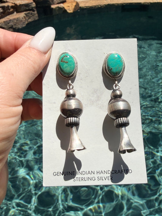 Native Made Turquoise & Sterling Silver Large Blossom Dangle Earrings