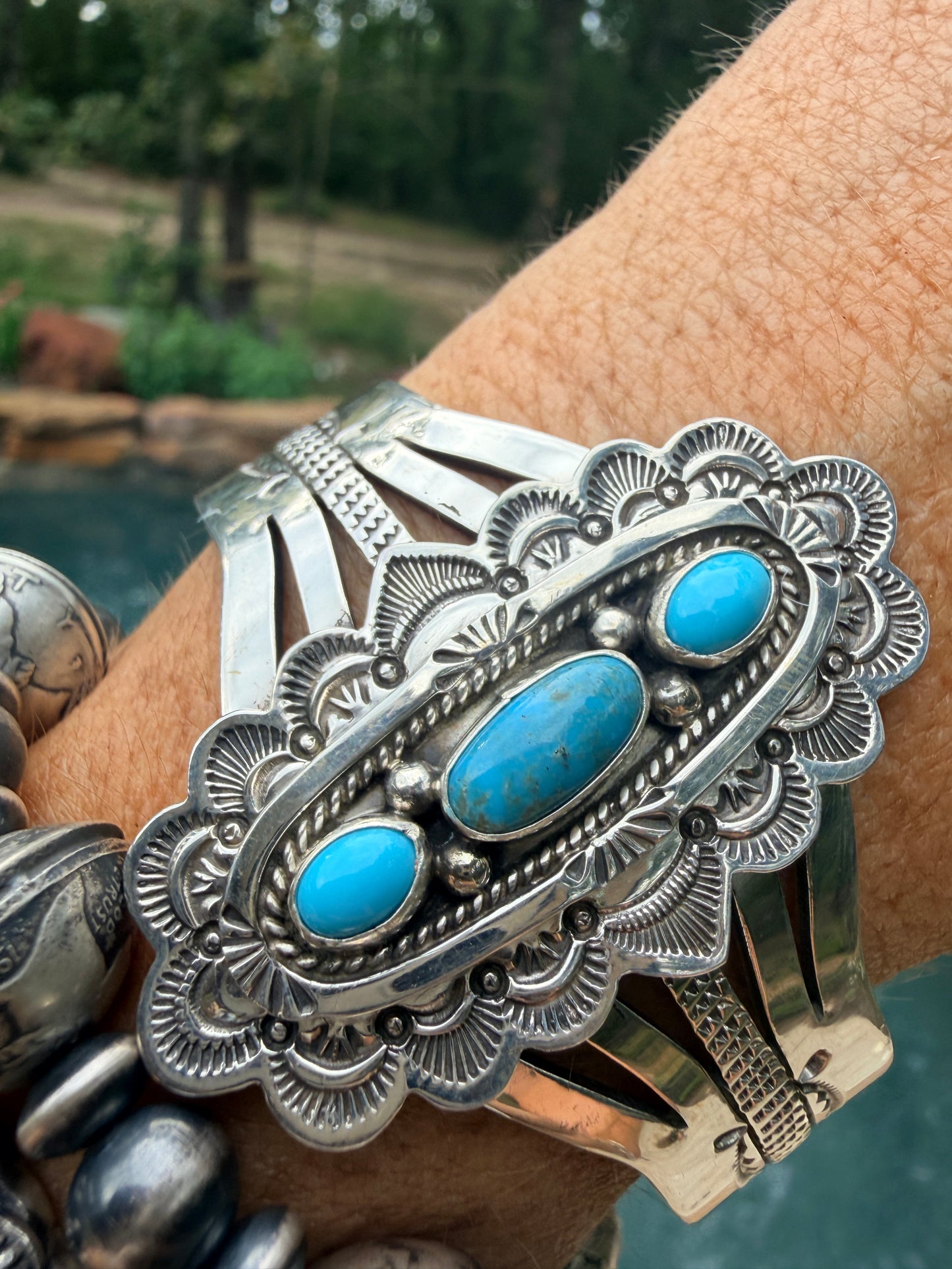 Native Made Silver & Turquoise Handstamped Bracelet by Eula Wylie