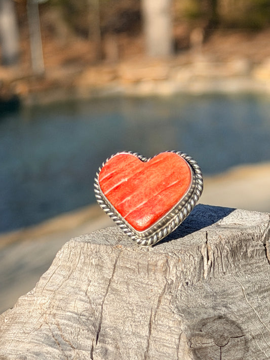 Native Made Orange Spiny Large Heart Adjustable Ring by Dixon