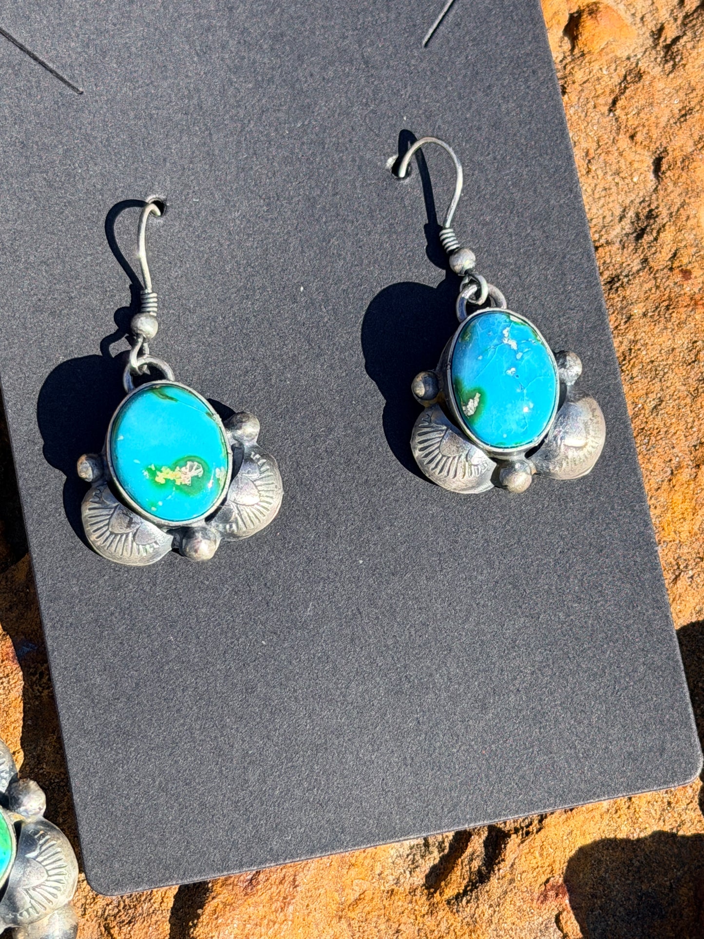 Authentic Native America Navajo Sterling Silver Sonora Gold Turquoise Squash Blossom Necklace & Earring's By Kee J