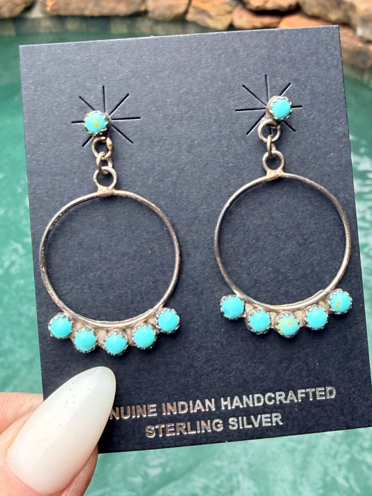 Authentic Lightweight Navajo Artist Chee Turquoise and Sterling Hoop Earrings