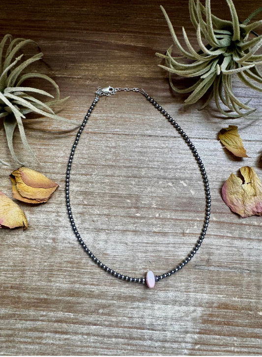 Sterling Silver Pearl Choker – Pink Conch Saucer Center – 14.5" + Extender