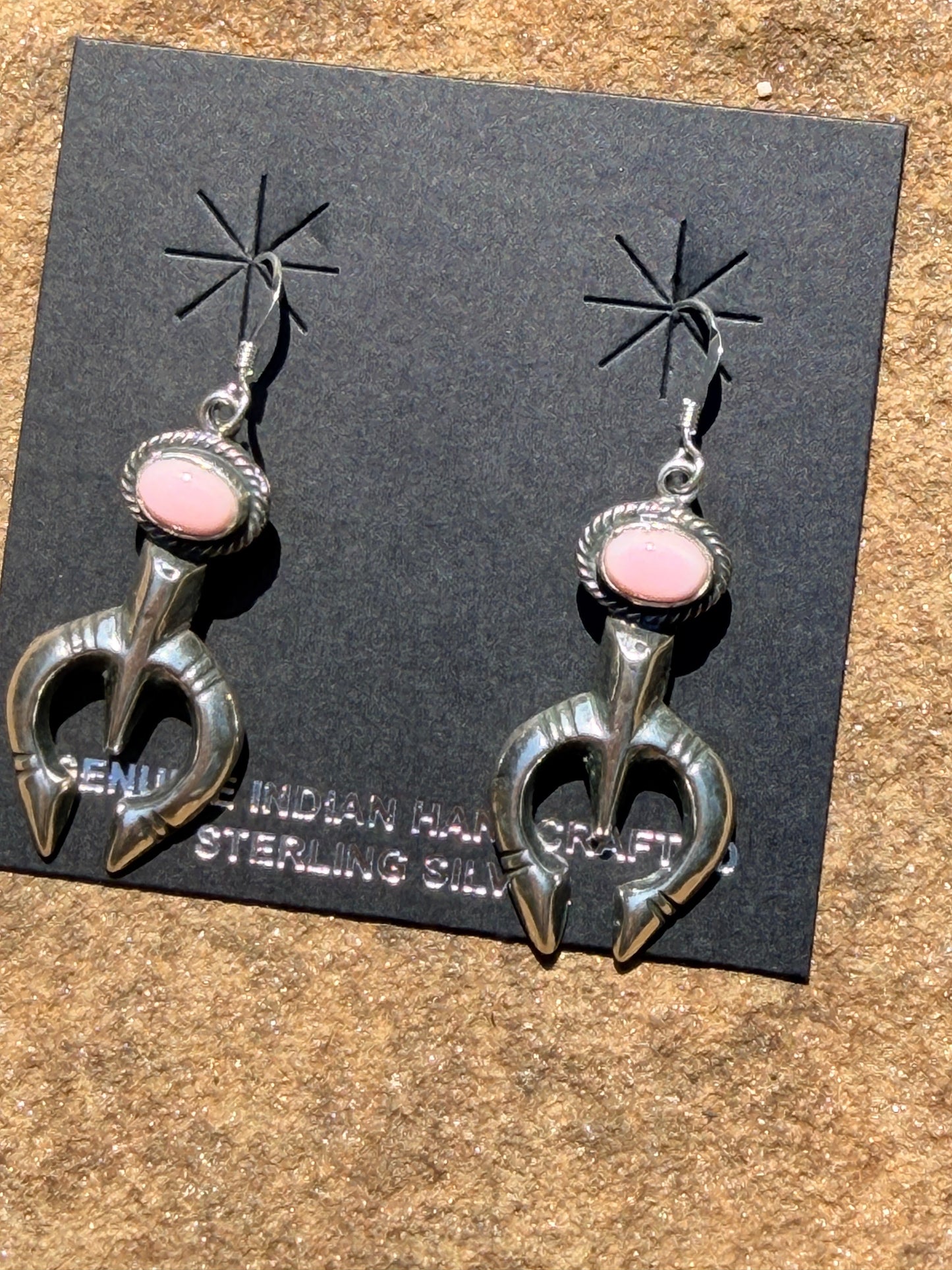 Native Made Sterling Silver and Pink Conch Shell Naja Dangle Earrings By Jerryson Henio.