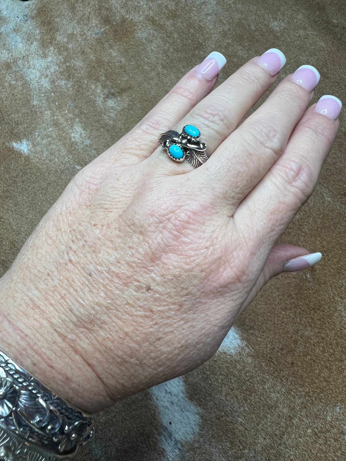 NAVAJO LEAF TURQUOISE GENUINE STERLING SILVER RING