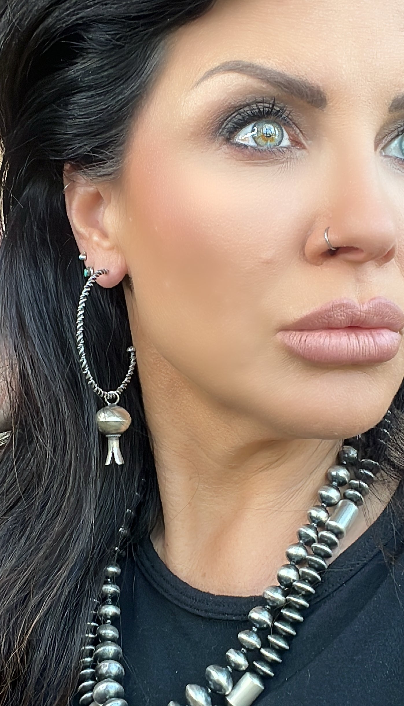 Navajo Squash Blossom Twisted Hoop Earrings Handmade by Monica Smith