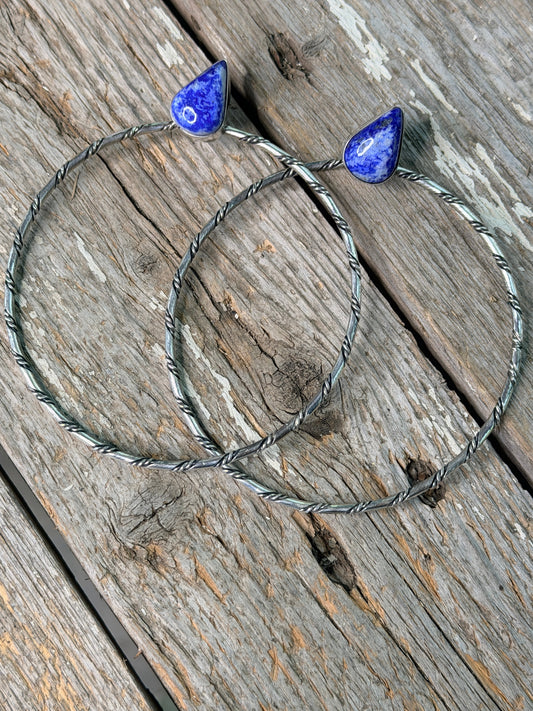 Authentic Navajo Lapis and Sterling Silver Hoops